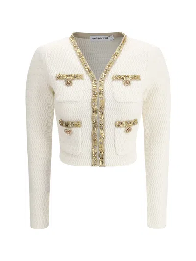 Self-portrait Knit Jacket With Lurex Detailing In Beige