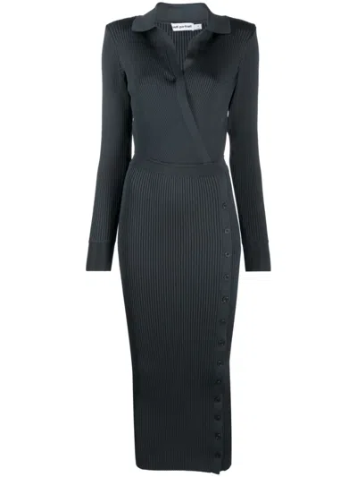 Self-portrait Collared Wrap-front Rib-knit Midi Sweater Dress In Grey