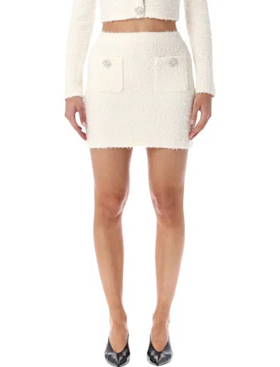 Self-portrait White Miniskirt With Pearl Embellishments And Button Detail In Tech Fabric Woman