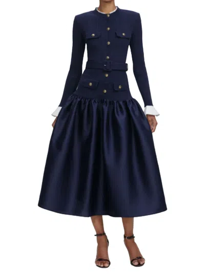 Self-portrait Knit Taffeta Midi Dress Navy In Blue