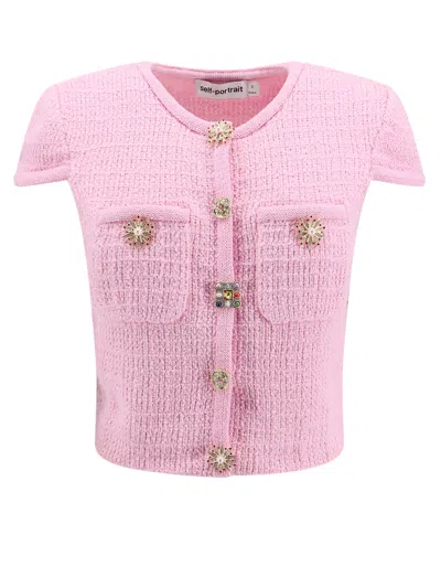 Self-portrait Knit Top With Jewel Buttons In Pink