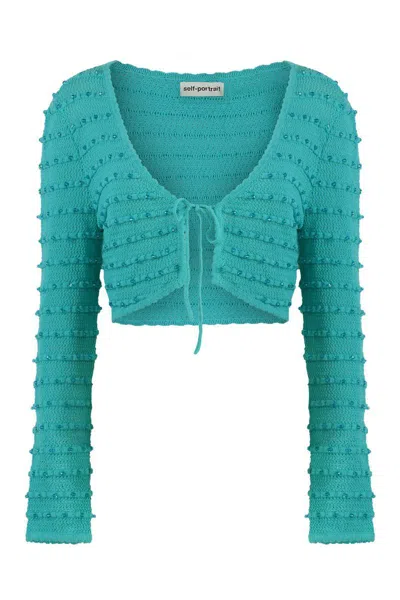 Self-portrait Knitted Cardigan In Green