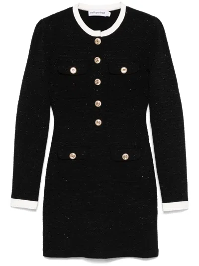 Self-portrait Short Knitted Dress With Buttons In Black