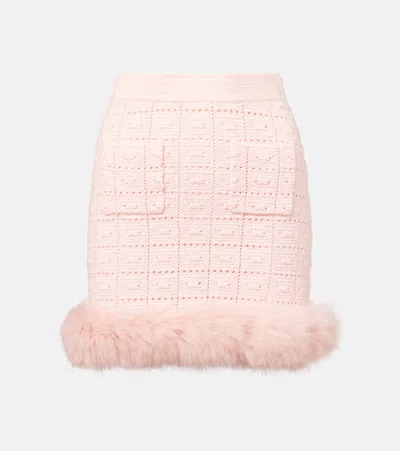 Self-portrait Knitted Faux Fur-trimmed Miniskirt In Pink