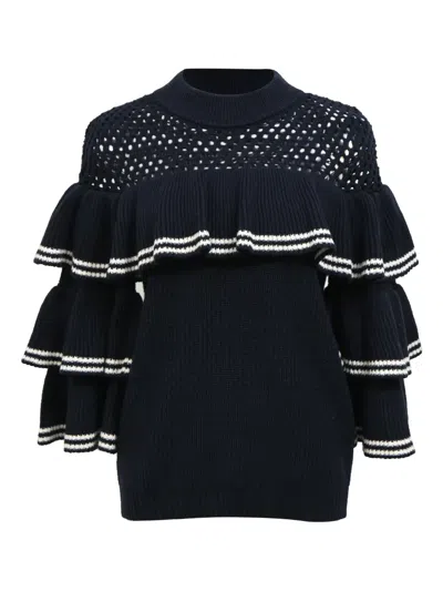 Pre-owned Self-portrait Knitted Frilled Sweater In Blue