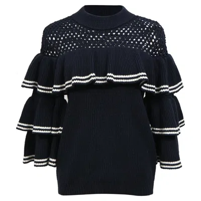 Self-portrait Knitted Frilled Sweater In Navy Blue Wool
