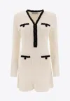 Self-portrait Textured White Dress With Beaded V-neckline