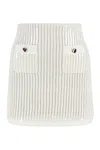 Self-portrait Mini Skirt In Semi-sheer White Knit With Vertical Openwork Stripes In White