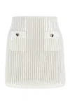 Self-portrait Mini Skirt In Semi-sheer White Knit With Vertical Openwork Stripes In White