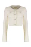 Self-portrait White Crewneck Cropped Cardigan With Crystal Embellishments On The Collar In Cotton Blend Woman In Neutral