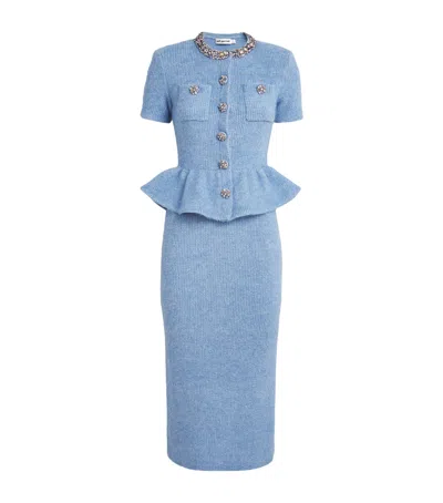 Self-portrait Knitted Peplum Midi Dress In Blue