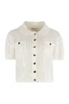 Self-portrait Ribbed Knit Cropped Polo Top In White