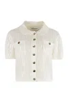 Self-portrait Ribbed Knit Cropped Polo Top In White