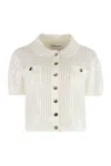 Self-portrait Ribbed Knit Cropped Polo Top In White
