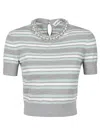Self-portrait Grey Cropped Top Wih Crewneck With Crystal Embellishments And All-over Striped Motif In Wool Blend W In Gray