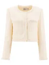 Self-portrait White Crewneck Jacket With Sequin And Faux-pearls Embellishments In Tech Fabric Woman