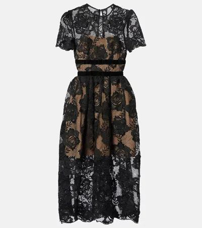 Self-portrait Belted Velvet-trimmed Corded Lace Midi Dress In Black