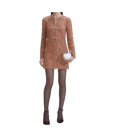 Self-portrait Tan Lace Bow Mini Dress Clothing In Brown