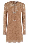 Self-portrait Womens Tan Lace Bow-embellished Woven Mini Dress In Tan