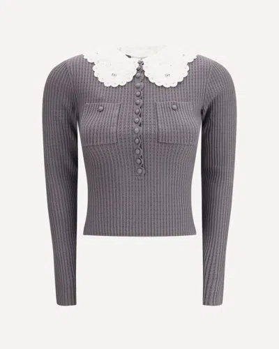 Self-portrait Ribbed Knit Top With Scalloped Lace Collar And Button Detail In Grey
