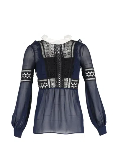 Pre-owned Self-portrait Lace-detail Long-sleeve Blouse In Blue