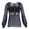 Self-portrait Lace Detail Long Sleeve Blouse In Navy Blue Polyester In Blue
