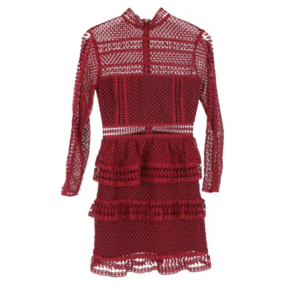Self-portrait Lace Detail Mini Long Sleeve Dress In Burgundy Polyester In Red