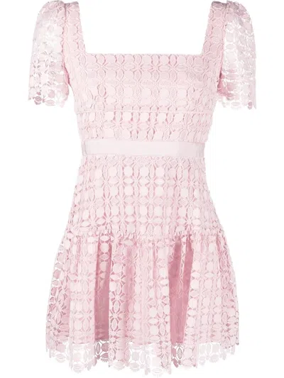 Self-portrait Floral Lace Mini Dress With Square Neckline And Ruffled Hem In Pink