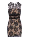 Self-portrait Black Crewneck Mini Dress With Lace Embellishments And Semi Sheer Design In Black