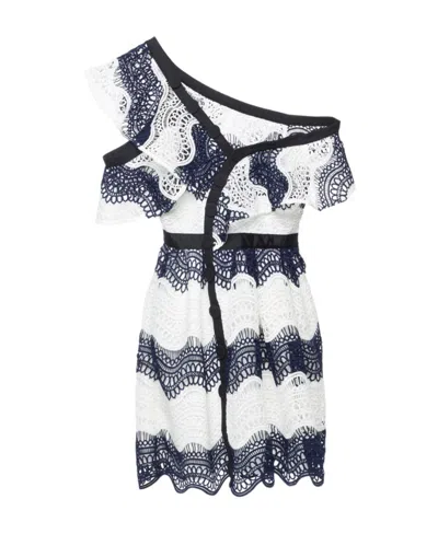 Self-portrait Navy Blue Wavy Guipure Lace Mini Dress In White