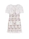 Self-portrait White Mini Dress With Jewel Buttons With Crystals And All-over Floral Lace Embroidery In Tehc Fabric