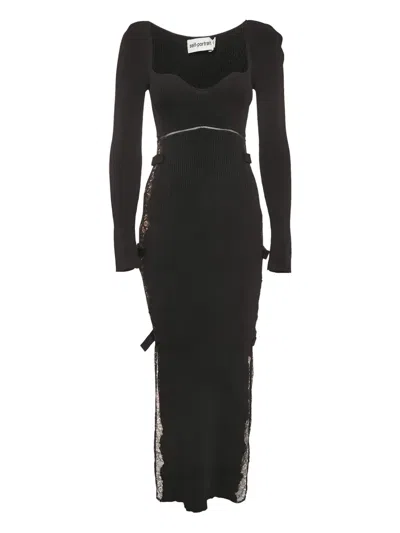 Pre-owned Self-portrait Lace-insert Long-sleeve Midi Dress In Black