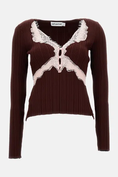 Self-portrait Lace Knit Top In Brown