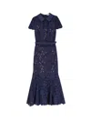 Self-portrait Womens Navy Guipure-lace Cap-sleeves Midi Dress In Blue