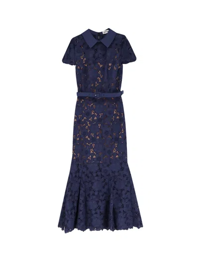 Self-portrait Guipure Blue Long Dress With Lace Design And Adjustable Waist Belt In Fabric Woman