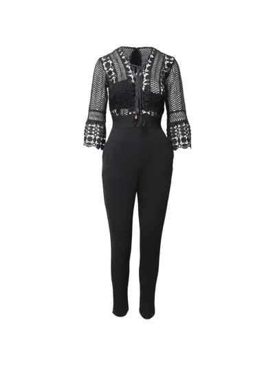 Pre-owned Self-portrait Lace Long-sleeve Jumpsuit In Black