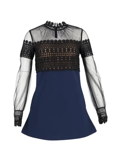Pre-owned Self-portrait Lace Long-sleeve Mini Dress In Blue