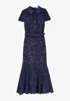 Self-portrait Guipure Blue Long Dress With Lace Design And Adjustable Waist Belt In Fabric Woman In Blue
