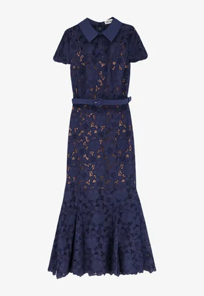 Self-portrait Guipure Blue Long Dress With Lace Design And Adjustable Waist Belt In Fabric Woman