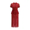 Self-portrait Bordeaux Lace Peplum Midi Dress In Burgundy