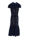 Self-portrait Guipure Blue Long Dress With Lace Design And Adjustable Waist Belt In Fabric Woman In Blue