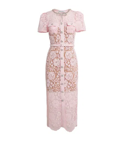 Blue Floral Print Self Portrait Floral Midi Dress Self-portrait Belted  Crystal-embellished Guipure Lace Midi Dress In Pink ModeSens