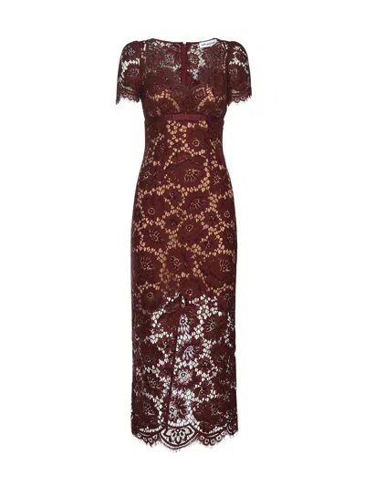 Self-portrait Self Portrait Burgundy Floral Lace Midi Dress In Brown