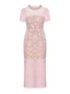 Self-portrait Pink Crewneck Midi Dress With All-over Lace Embroidery And Jewel Embellishment On The Collar In Cott In Pink & Purple