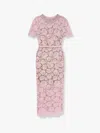 Self-portrait Pink Crewneck Midi Dress With All-over Lace Embroidery And Jewel Embellishment On The Collar In Cott