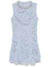 Self-portrait Bue Crewneck Mini Dress With Rhinestoned Collar And All-over Floral Lace Embroidery In Tech Fabric W In Blue