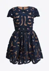 Self-portrait Blue Cotton Poplin Mini Dress With Bow Motif In Blue