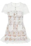 Self-portrait White Mini Dress With Jewel Buttons With Crystals And All-over Floral Lace Embroidery In Tehc Fabric In White