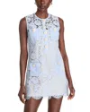 Self-portrait Blue Crewneck Mini Dress With All-over Lace Embroidery And Scallop Hem In Cotton Blend Woman In Blue