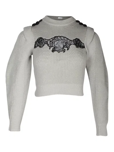 Pre-owned Self-portrait Lace-panel Button-embellished Sweater In Gray